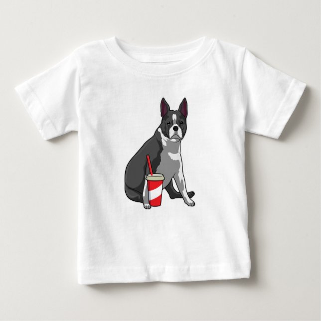 Camiseta Para Bebê Boston Terrier com bebida (Frente)