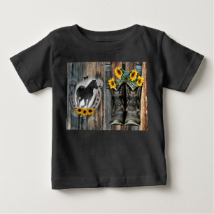 Camiseta Para Bebê Botas de Cowboy Cavalo Galopando Ferradura Girassó