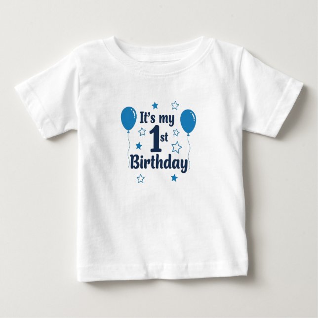 Camiseta Para Bebê Boy's Blue 1st Birthday T-Shirt with Balloons  (Frente)