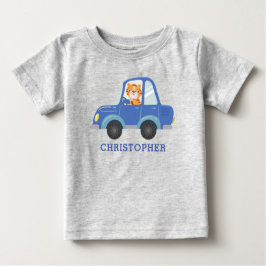 Camiseta Para Bebê Boys Cute Tiger Drivers Blue Car Nome Personalizad