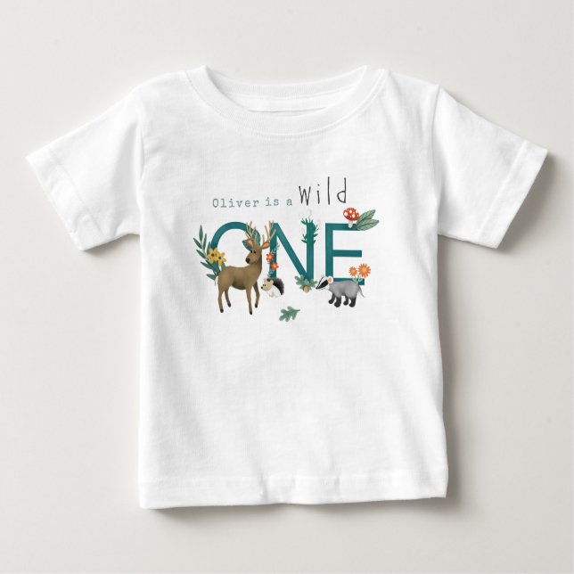 Camiseta Para Bebê Boys Cute Wild One Woodland primeiro aniversario (Frente)