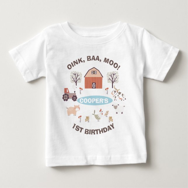 Camiseta Para Bebê Boys Modern Fazenda Primeiro Aniversário (Frente)