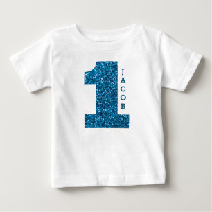 Camiseta Para Bebê Boys One First Birthday Blue Glitter