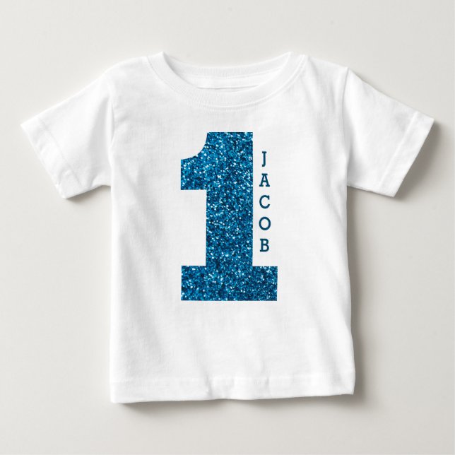 Camiseta Para Bebê Boys One First Birthday Blue Glitter (Frente)