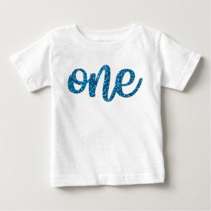 Camiseta Para Bebê Boys One First Birthday Blue Glitter