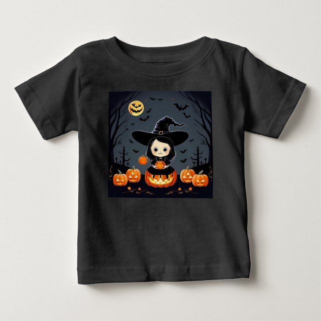 Camiseta Para Bebê Bruxa Adorável e Abóboras (Frente)