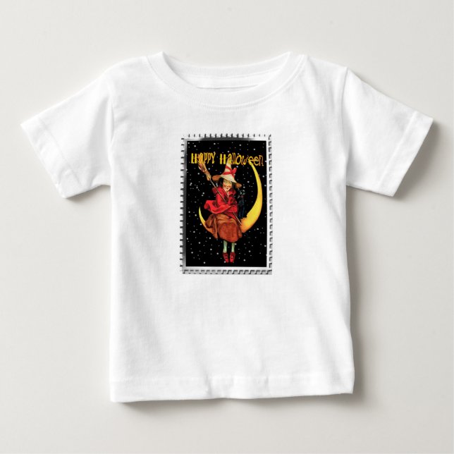 Camiseta Para Bebê Bruxa Boa do Halloween Nostálgico e seu Gato (Frente)