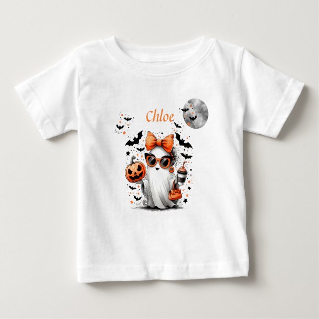 Camiseta Para Bebê Bruxa Fantasma Caprichosa Andando de Bicicleta  (Frente)