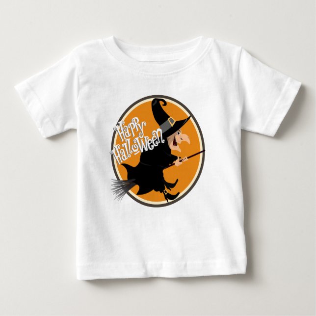 Camiseta Para Bebê Bruxa Voadora Feliz Halloween (Frente)