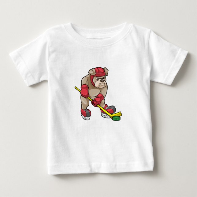 Camiseta Para Bebê Buldogue no hóquei no gelo com bastão de hóquei (Frente)