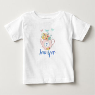Camiseta Para Bebê Bule cor-de-rosa com aniversário das flores & das