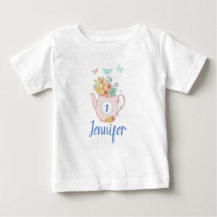 Camiseta Para Bebê Bule rosa com flores e borboletas Aniversário