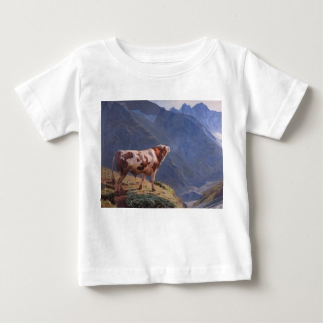 Camiseta Para Bebê Bull nos Alpes (por Eugène Burnand) (Frente)