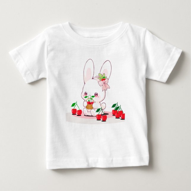 Camiseta Para Bebê Bunny & Cherries: Coleção de Harmonia Doce! 🍒 🐰 (Frente)
