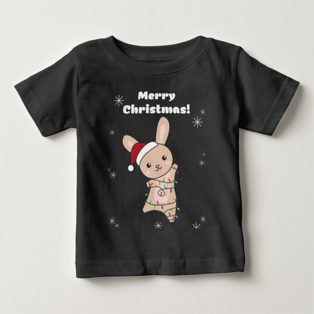 Camiseta Para Bebê Bunny Feliz Natal Animais de inverno Coelhos Bebê (Frente)