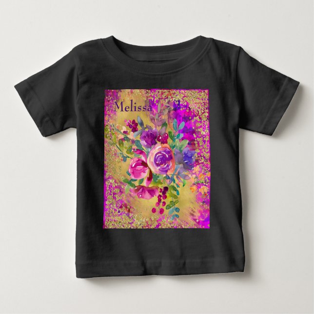 Camiseta Para Bebê Buquê de flor de aquarela personalizado a rosa (Frente)