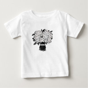 Camiseta Para Bebê Buquê de Rosas Cranianas Preto e Branco Gótico
