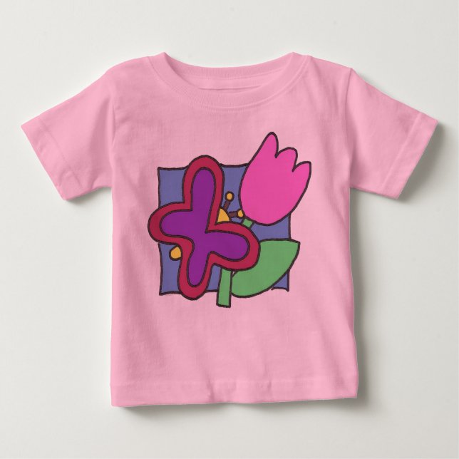 Camiseta Para Bebê Butterfly and Tulip Colorful Childs Art  (Frente)