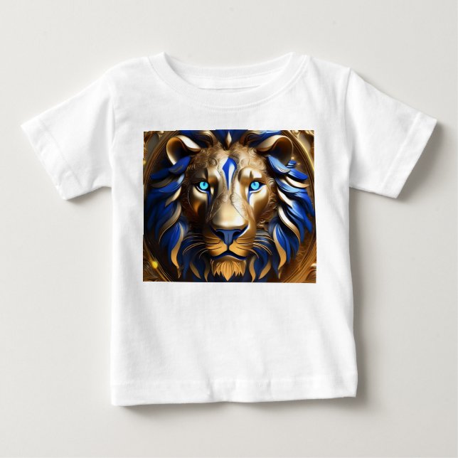 Camiseta Para Bebê Cabeça de Leão Azul e Dourada, (Frente)