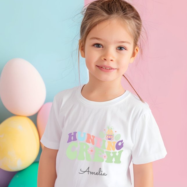 Camiseta Para Bebê Caça De Ovos De Páscoa Em Pastel (Cute Colorful Pastel Hunting Crew Easter Egg Hunt Tshirt, Shirt with Name, Easter Gift)