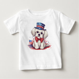 Camiseta Para Bebê Cachorrinho Branco Patriótico de 4 de Julho-43568