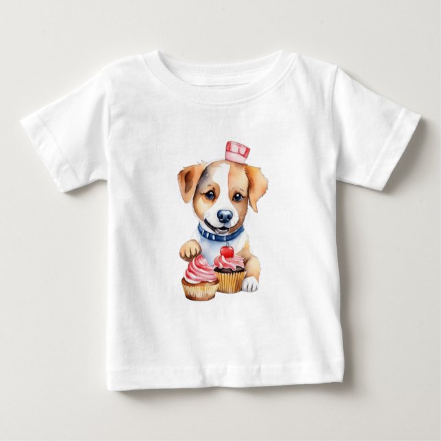Camiseta Para Bebê Cachorrinho fofo comendo bolos (Frente)