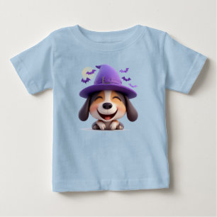 Camiseta Para Bebê Cachorro Alegre Disfarçado de Chapéu de Bruxa