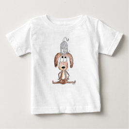 Camiseta Para Bebê Cachorro Branco Bonito com Gato na Cabeça