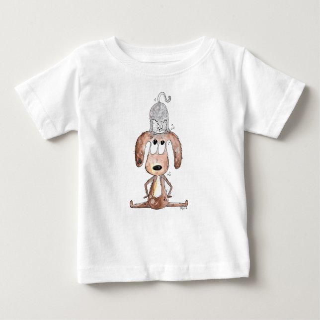 Camiseta Para Bebê Cachorro Branco Bonito com Gato na Cabeça (Frente)
