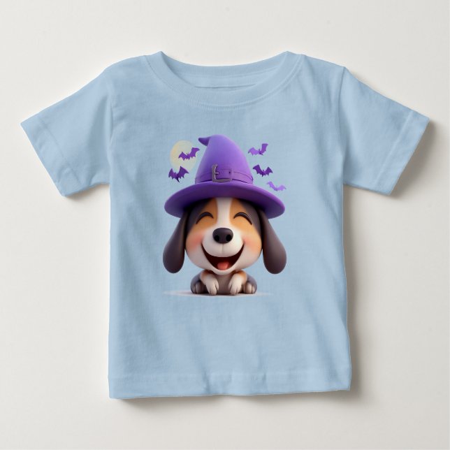 Camiseta Para Bebê Cachorro Cheio Vestido como Chapéu de Bruxa (Frente)