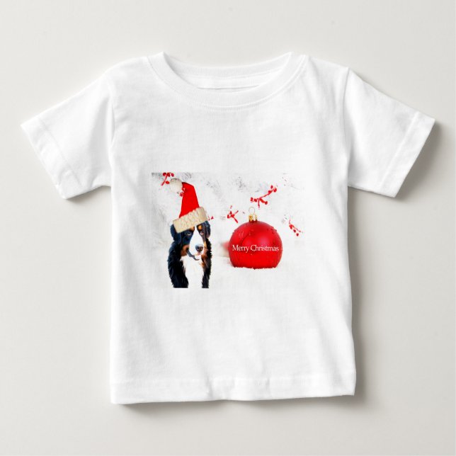 Camiseta Para Bebê Cachorro da Montanha Bernese com Enfeites de natal (Frente)