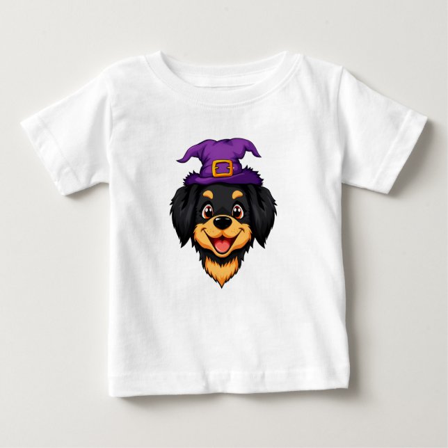 Camiseta Para Bebê Cachorro de Cartoon Bonito Vestindo Chapéu de Brux (Frente)
