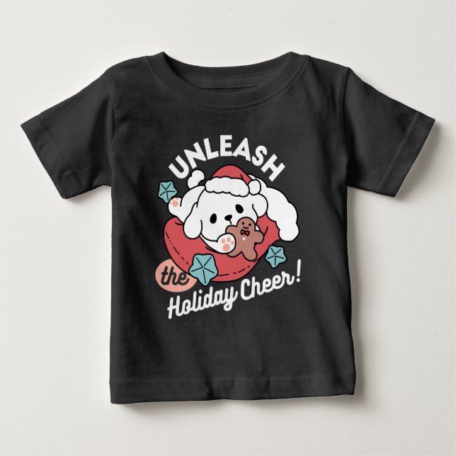 Camiseta Para Bebê Cachorro de Natal em Santa Hat - Feriado Cheque pa (Frente)