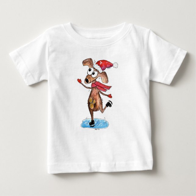 Camiseta Para Bebê Cachorro de Natal Whimsso em Skates de gelo (Frente)