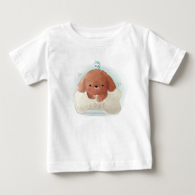 Camiseta Para Bebê Cachorro Fofo com um Pássaro e Osso (Frente)