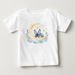 Camiseta Para Bebê Cachorro francês fofo na lua -