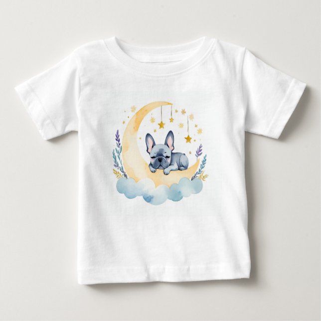 Camiseta Para Bebê Cachorro francês fofo na lua - (Frente)