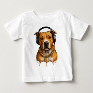 Camiseta Para Bebê Cachorro legal com Fones de ouvido e cadeia Dourad