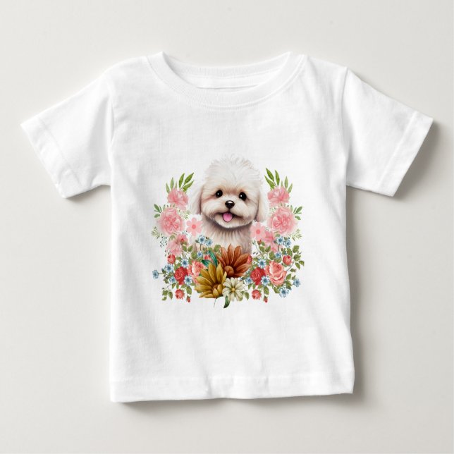 Camiseta Para Bebê Cachorro Maltês com Flores, Cachorro Maltês (Frente)