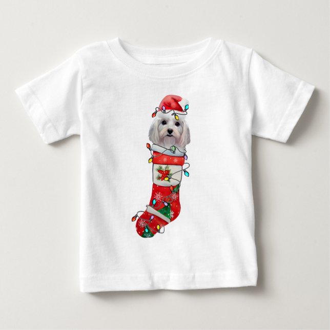 Camiseta Para Bebê Cachorro Maltês giro Natal, Xmas Cachorro Maltês (Frente)