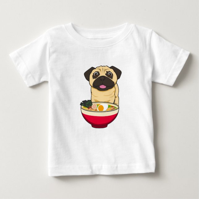 Camiseta Para Bebê Cachorro Pug e Ramen (Frente)