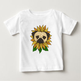 Camiseta Para Bebê Cachorro Pug Fofo em um Girassol