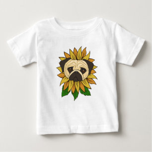 Camiseta Para Bebê Cachorro Pug Fofo em um Girassol