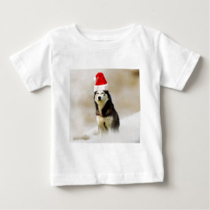 Camiseta Para Bebê Cachorro Siberiano Husky com Papai Noel em neve