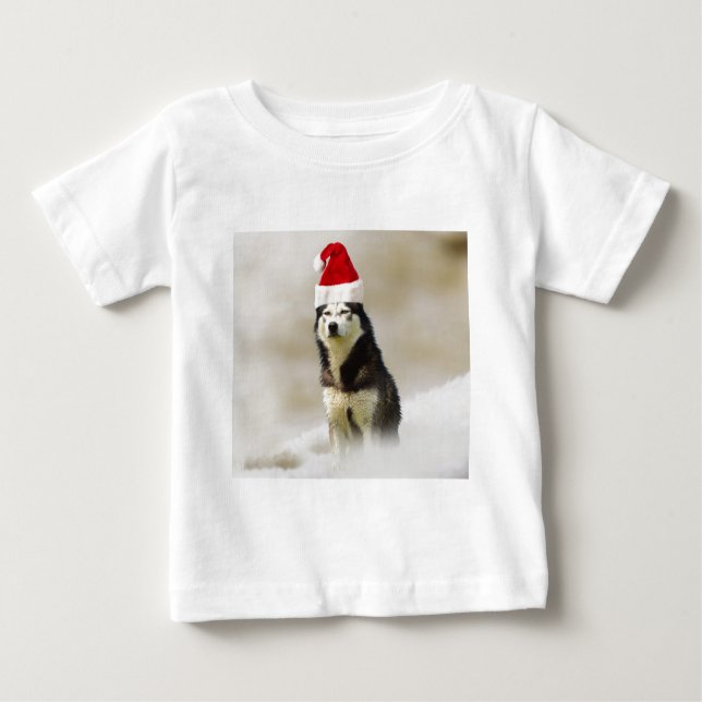 Camiseta Para Bebê Cachorro Siberiano Husky com Papai Noel em neve (Frente)