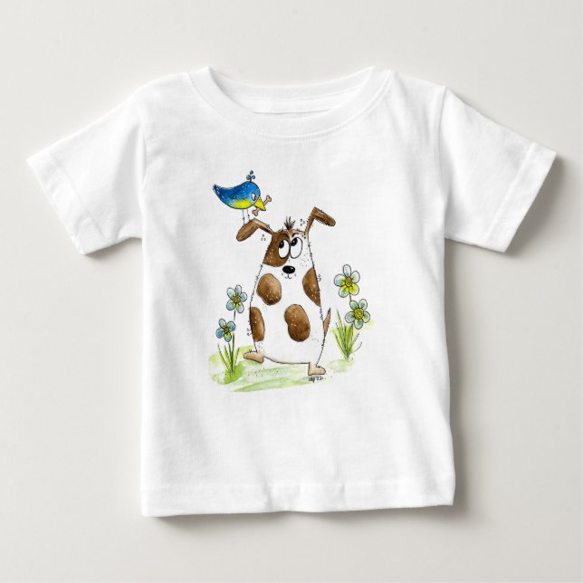 Camiseta Para Bebê Cachorro Spotado com Pássaro (Frente)