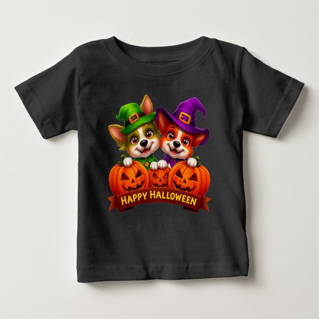 Camiseta Para Bebê Cachorros Adoráveis em Figurinos de Halloween (Frente)