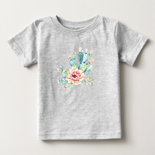 Camiseta Para Bebê Cactos em Flor em Aquarela (Frente)