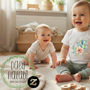 Camiseta Para Bebê Cactos em Flor em Aquarela