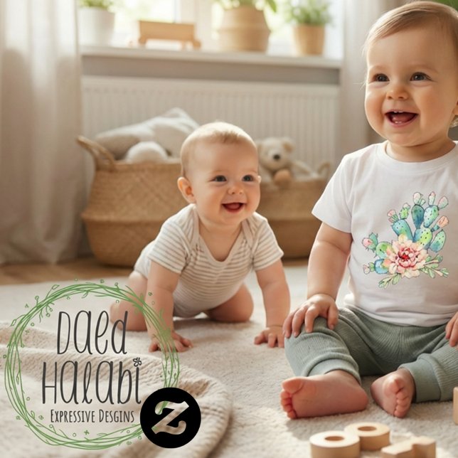 Camiseta Para Bebê Cactos em Flor em Aquarela (Watercolor Cacti Bloom Baby T-Shirt)